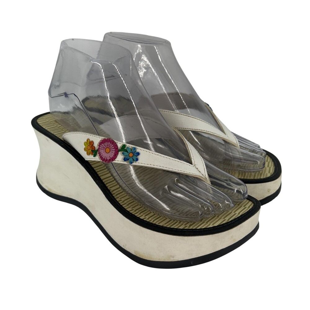 Vtg Andrea Collection Wedge Thong Shoes Womens Size 7 Flower Platform Y2K 2000s